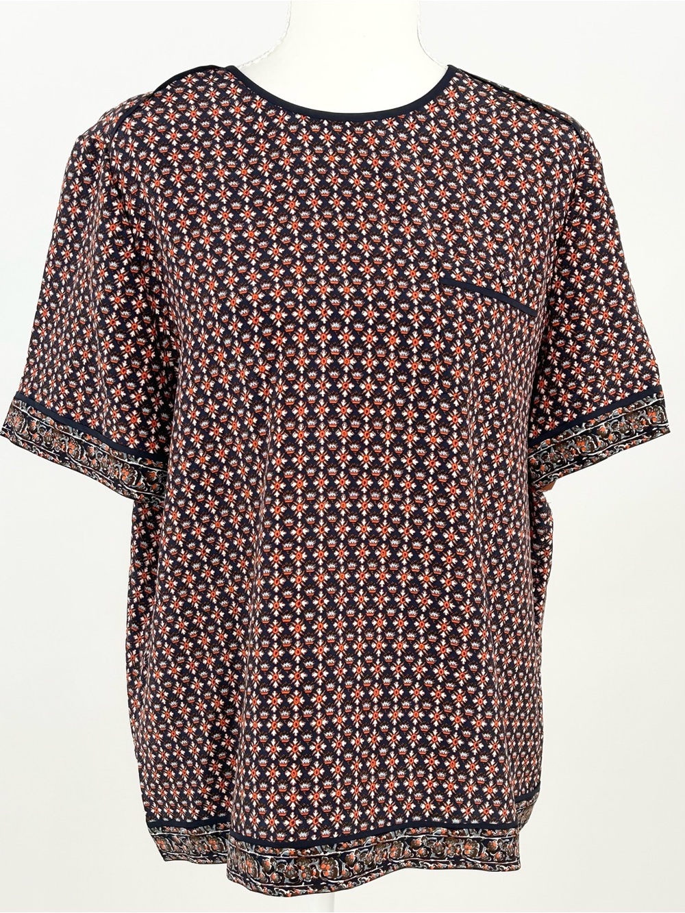 ATory Burch 100% Silk Printed Tunic Blouse Top Size 14 Navy Orange